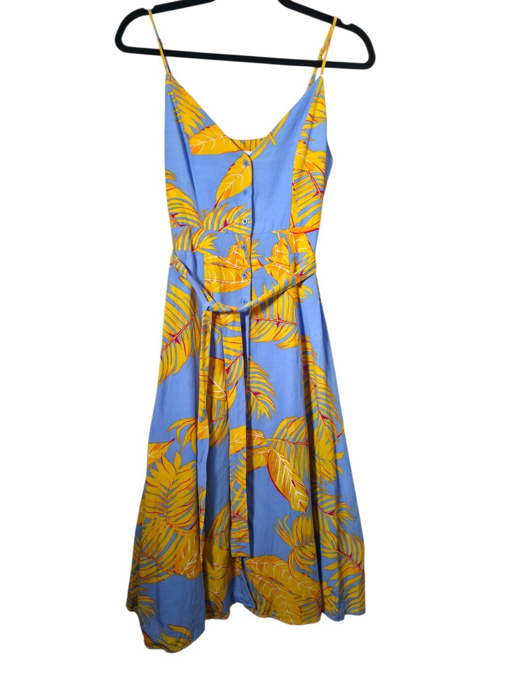 The Editor’s Market Delina Midi Dress Sky Blue Yellow Tropical Palm Print Tie - Picture 2 of 7